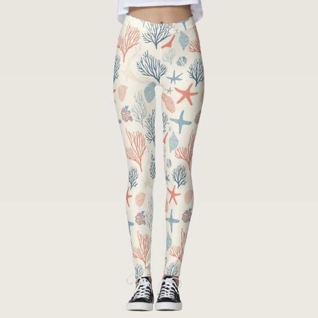 Rustic Coastal - Seashells, Starfish, Reef (35) Leggings (Framsida)
