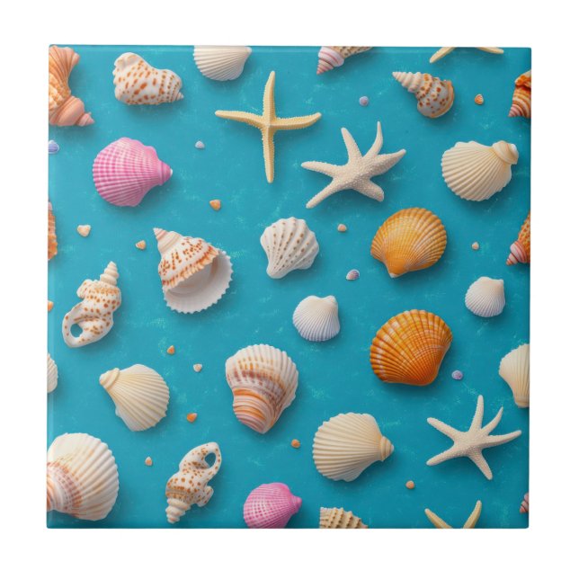 Rustic Coastal - Seashells, Starfish, Reef (3) Kakelplatta (Framsidan)