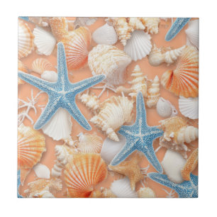 Rustic Coastal - Seashells, Starfish, Reef (4) Kakelplatta