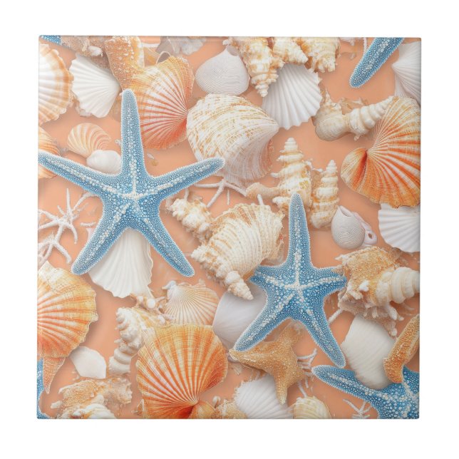 Rustic Coastal - Seashells, Starfish, Reef (4) Kakelplatta (Framsidan)