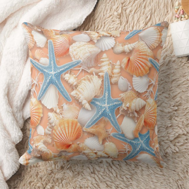 Rustic Coastal - Seashells, Starfish, Reef (4) Kudde (Filt)