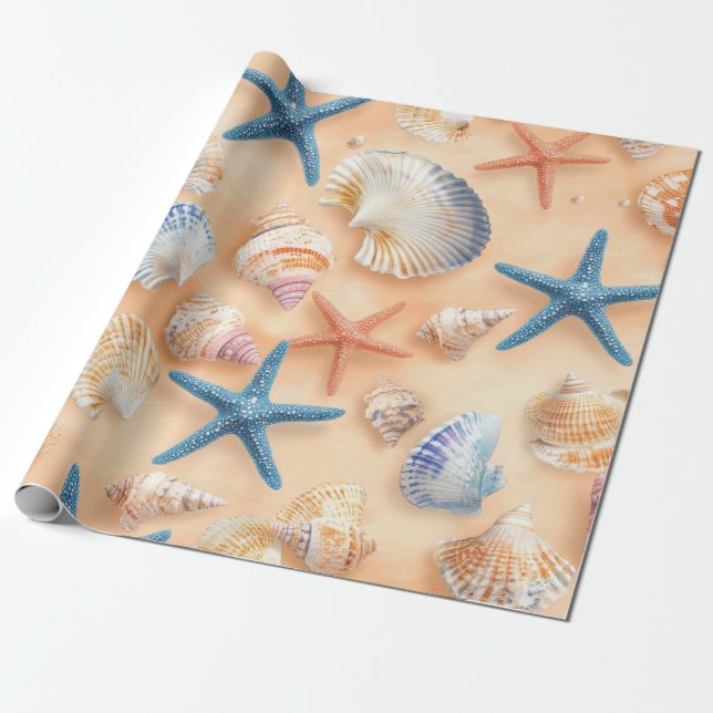 Rustic Coastal - Seashells, Starfish, Reef (6) Presentpapper (Utrullad)
