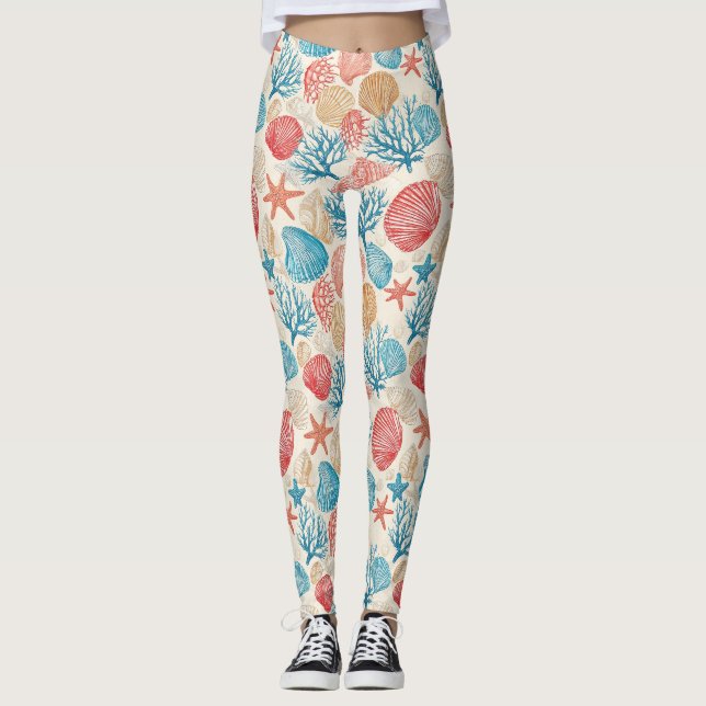 Rustic Coastal - Seashells, Starfish, Reef (7) Leggings (Framsida)