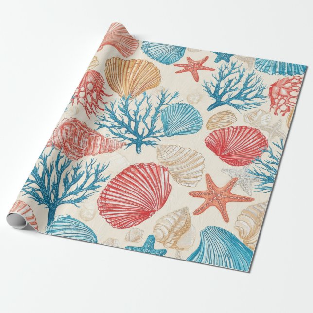 Rustic Coastal - Seashells, Starfish, Reef (7) Presentpapper (Utrullad)