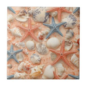 Rustic Coastal - Seashells, Starfish, Reef (8) Kakelplatta
