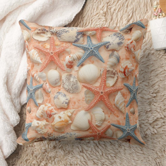 Rustic Coastal - Seashells, Starfish, Reef (8) Kudde (Filt)