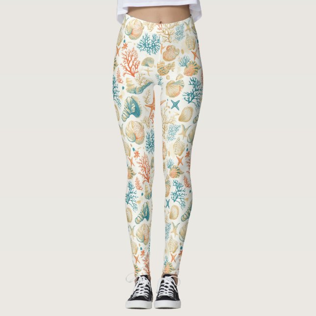Rustic Coastal - Seashells, Starfish, Reef (9) Leggings (Framsida)