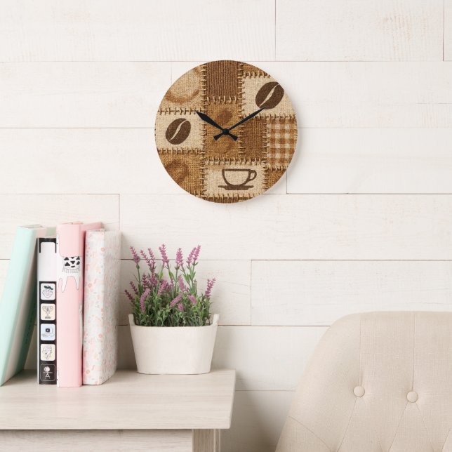 Rustic Coffee Patchwork Wall Clock Stor Klocka (Läsesal)
