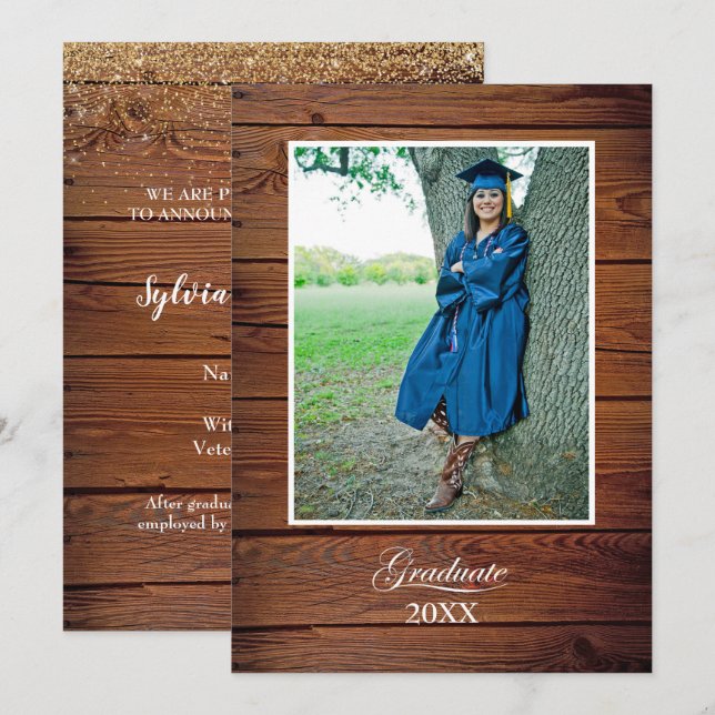 Rustic College Graduation Announcement with photo Kort (Fram/baksida)