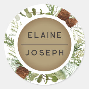 Rustic Conifer Gräs cone Bröllop Runt Klistermärke