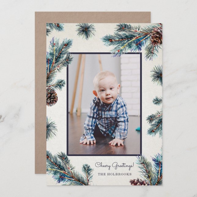 Rustic Conifer Watercolor Pinecones Photo Julkort (Fram/baksida)