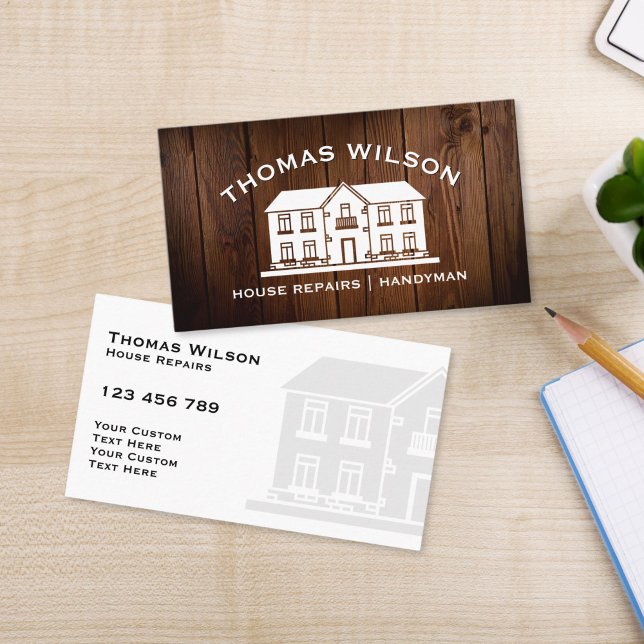 Rustic Construction Handyman Carpenter Verktyg Woo Visitkort (RUSTIC HOUSE ON THE WOOD TEXTURE BACKGROUND HOME REPAIR BUSINESS CARD)