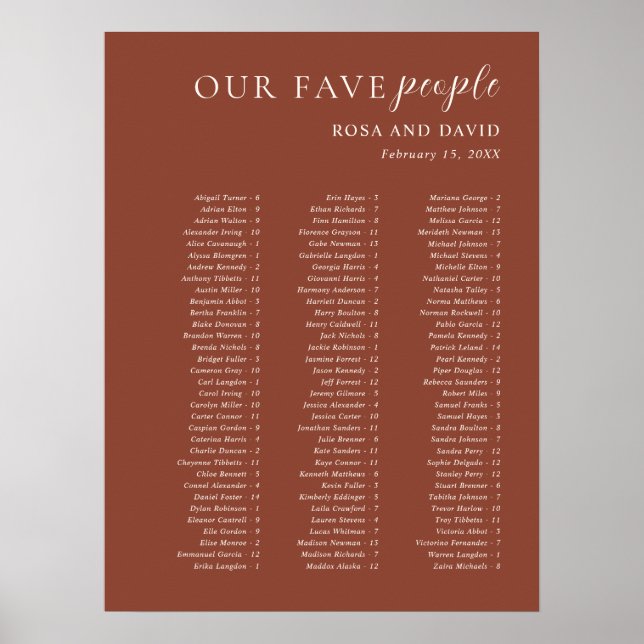 Rustic Copper Modern Wedding Seating Chart Poster (Framsidan)