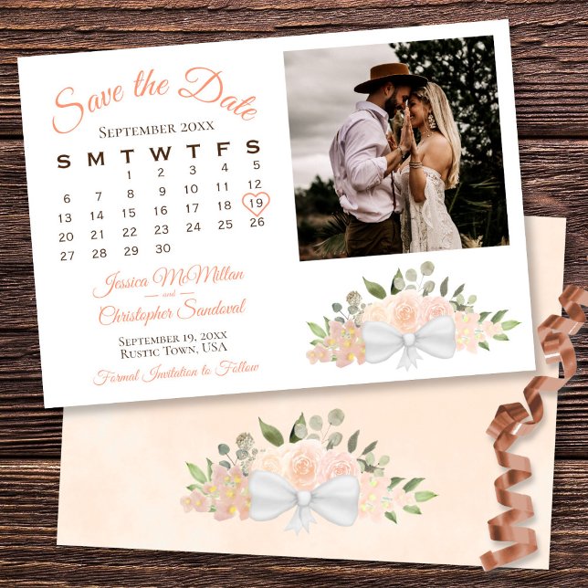 Rustic Coral Peach Blommigt Calendar & Photo Bröll Spara Datumet (In Situ Front/Back)