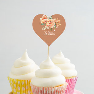 Rustic Coral Peach Flower Cuptårer Topper Hjärtformat Klistermärke