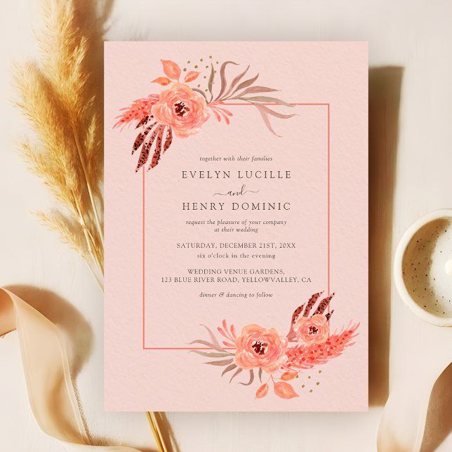 Rustic Coral Pink Floral Terracotta Wedding Inbjudningar (Skapare uppladdad)