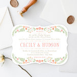 Rustic Coral Rosa och Grönt Blommigt Bröllop Inbjudningar<br><div class="desc">Rustiska chicens bröllopsinbjudningar har en symmetrisk blommigt ram av söt persika,   rosa,  korall och nektarin orange blommor och botaniska löv av mjuk grönt med handritade utseenden som ramar formgivningen och bakgrunden med ett subtivt och elegant vävt utseende.</div>