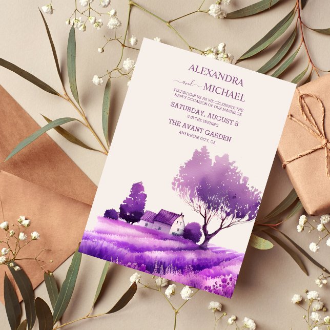 Rustic Cottage Lila Lavender bröllop bjudande Inbjudningar (Skapare uppladdad)