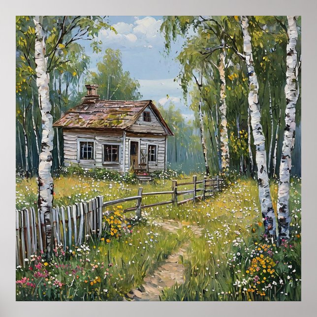 Rustic Cottage, omringad av Birch Träd Poster (Framsidan)