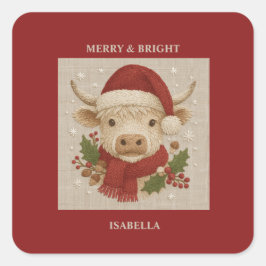 Rustic cottagecore Highland Cow med Santa Hat Fyrkantigt Klistermärke