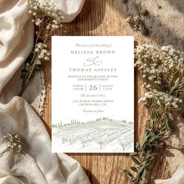 Rustic Country Art Line Elegant QR Code Wedding Inbjudningar (Skapare uppladdad)