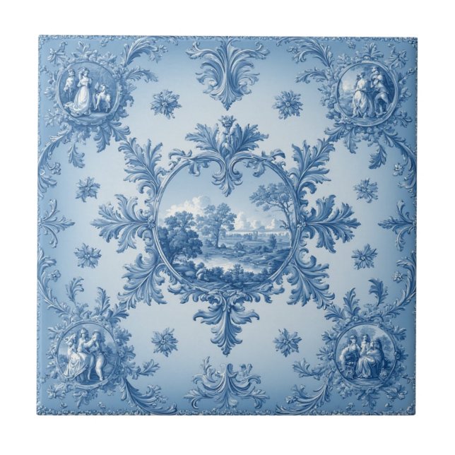 Rustic Country Floral Motif Dusty Blue Muted Tones Kakelplatta (Framsidan)