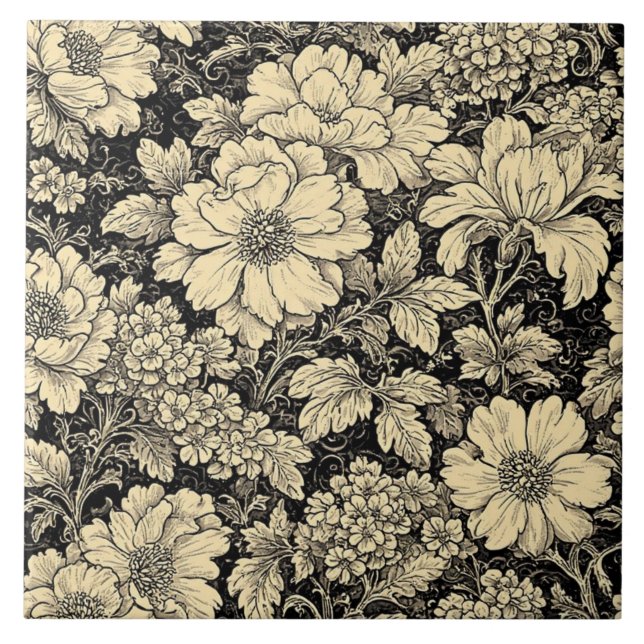 Rustic Country Floral Motifs Monochrome Distressed Kakelplatta (Framsidan)