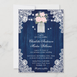 Rustic Country Navy Blue Blush Wood Lace Wedding Inbjudningar