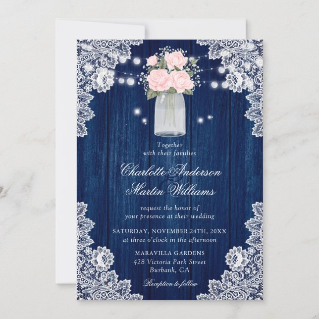 Rustic Country Navy Blue Blush Wood Lace Wedding Inbjudningar (Framsida)
