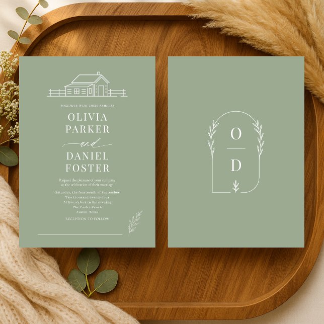 Rustic Country Ranch Line Art Sage Green Wedding Inbjudningar (Skapare uppladdad)