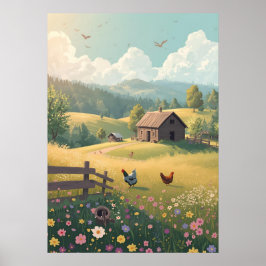 Rustic Countryside Cabin with Wildflowers Poster