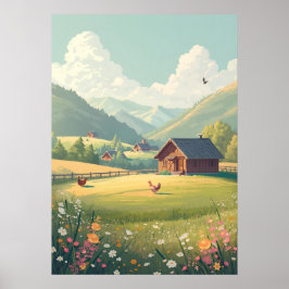 Rustic Countryside Cabin with Wildflowers Poster