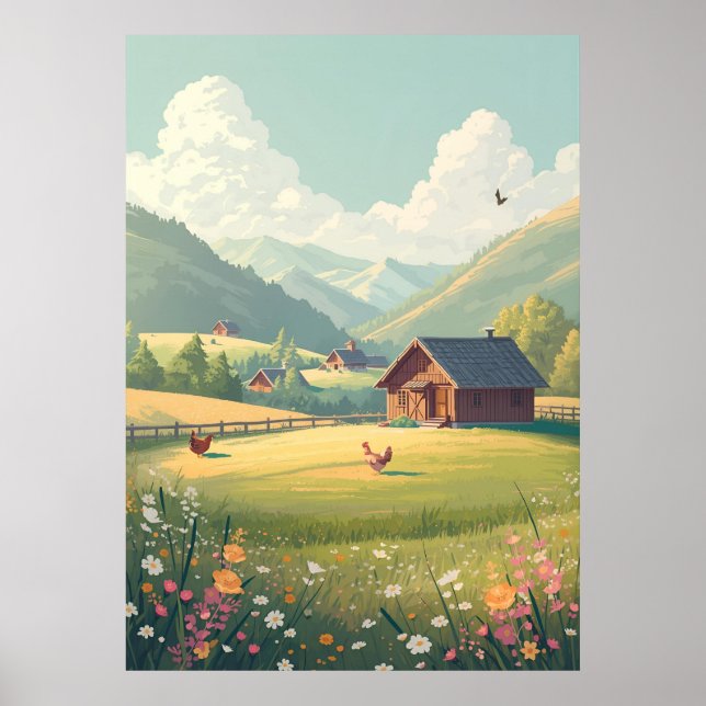 Rustic Countryside Cabin with Wildflowers  Poster (Framsidan)