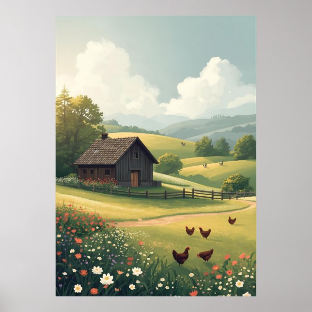 Rustic Countryside Cabin with Wildflowers  Poster (Framsidan)