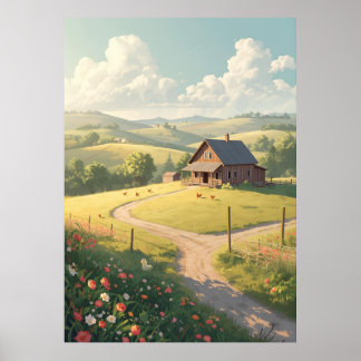 Rustic Countryside Cabin with Wildflowers  Poster
