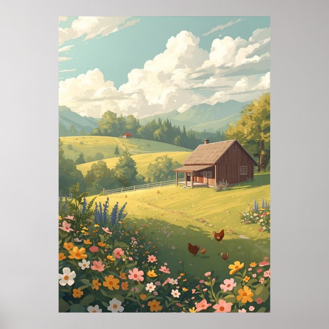 Rustic Countryside Cabin with Wildflowers  Poster (Framsidan)