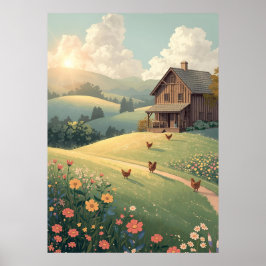 Rustic Countryside Cabin with Wildflowers Poster