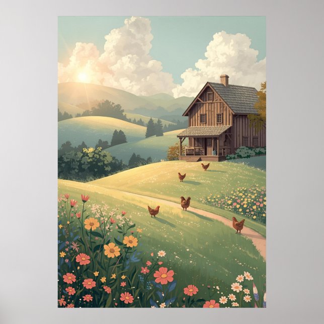 Rustic Countryside Cabin with Wildflowers  Poster (Framsidan)