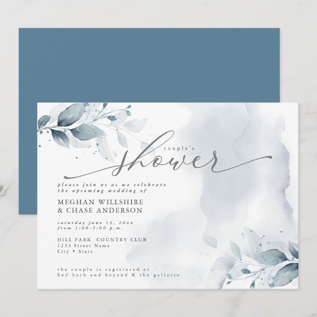 Rustic Couples Shower Dusty Blue Foliage Inbjudningar (Fram/baksida)
