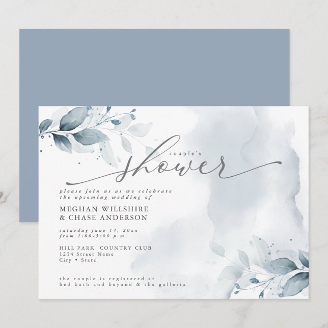 Rustic Couples Shower Dusty Blue Foliage Invat Inbjudningar (Fram/baksida)