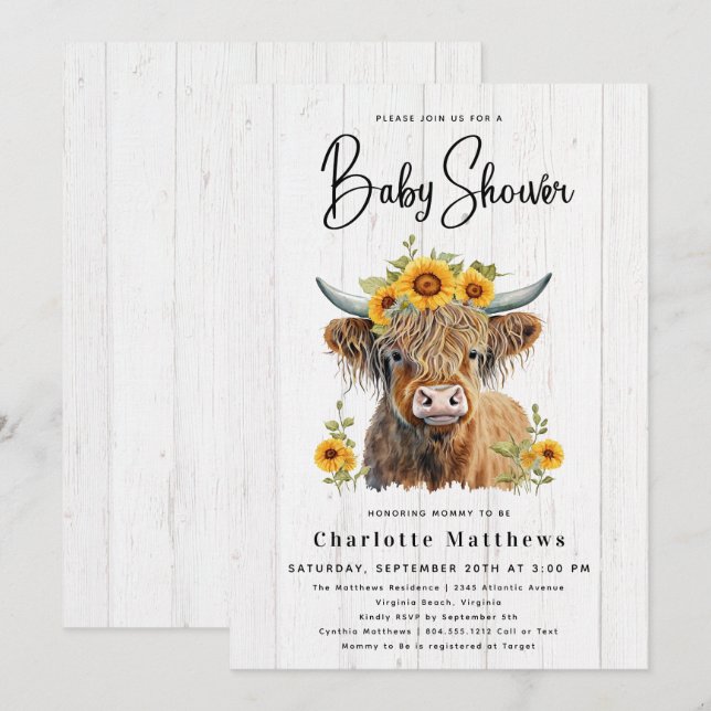 Rustic Cow Blommigt Wood Watercolor Baby Shower Inbjudningar (Fram/baksida)