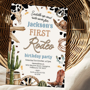 Rustic Cow-print Western First Rodeo 1:a födelseda Inbjudningar