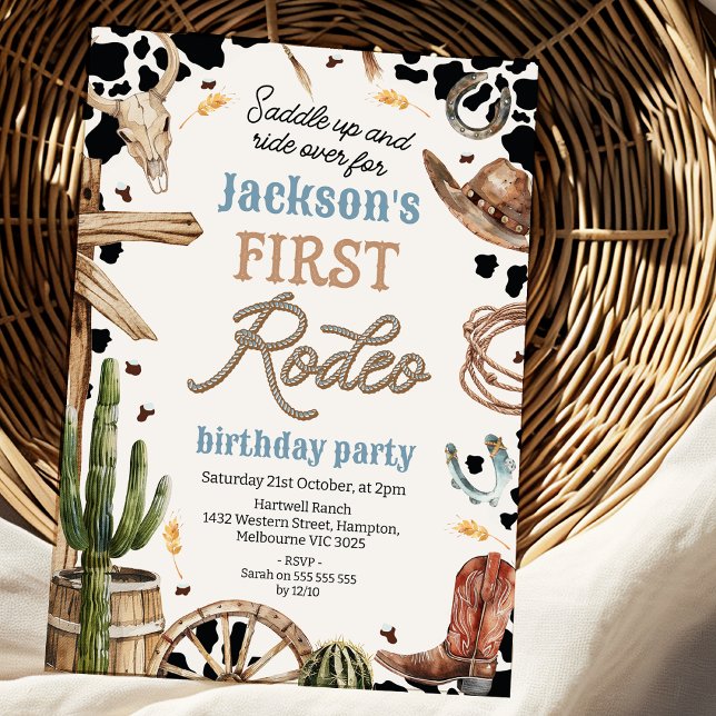 Rustic Cow-print Western First Rodeo 1:a födelseda Inbjudningar (Editable Boys 1st Rodeo Birthday Party Cowboy Birthday Party Invitation Wild West Cowboy )