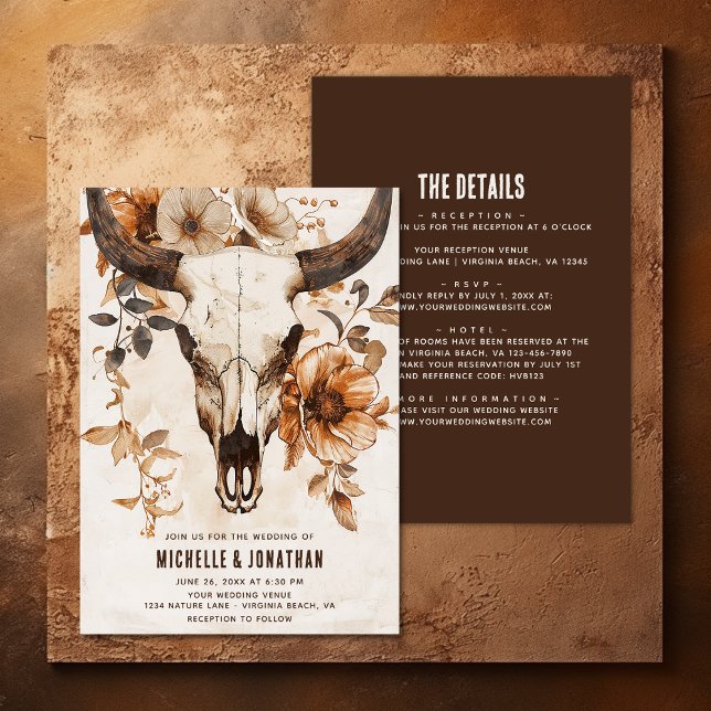 Rustic Cow Skull Blommigt Boho alla i ett Bröllop Inbjudningar (Rustic Cow Skull Floral Boho All in One Wedding Invitation)