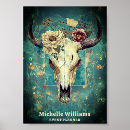 Rustic Cow Skull Blommigt Boho Western Business Lo Poster