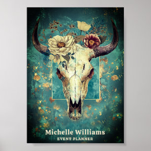 Rustic Cow Skull Blommigt Boho Western Business Lo Poster