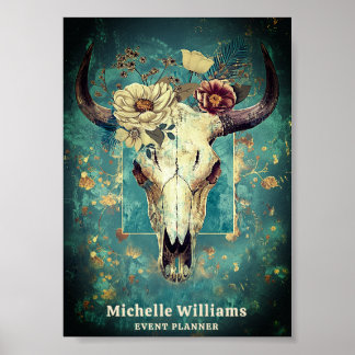 Rustic Cow Skull Blommigt Boho Western Business Lo Poster