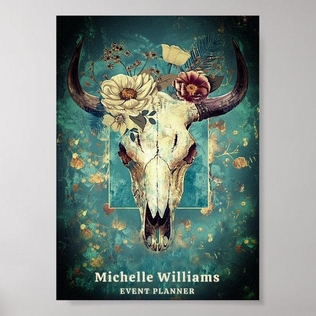 Rustic Cow Skull Blommigt Boho Western Business Lo Poster (Framsidan)