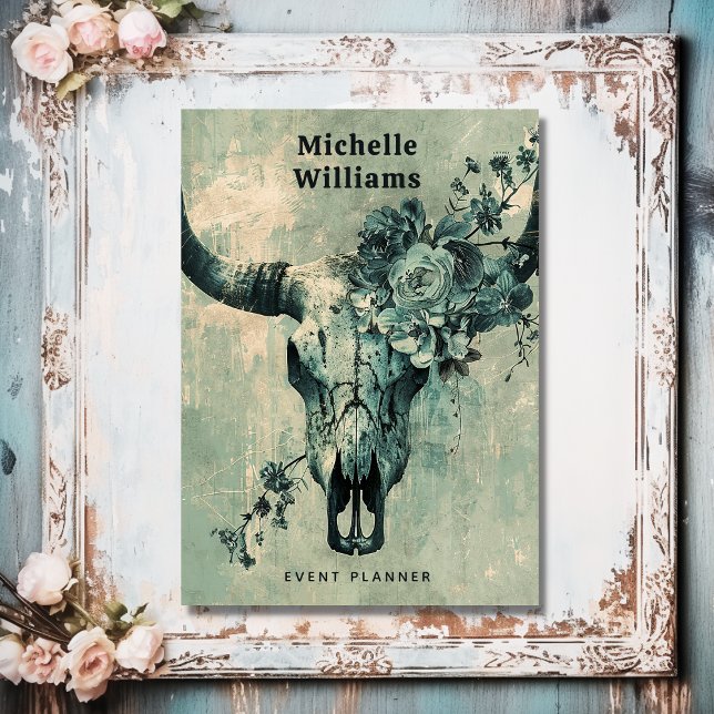 Rustic Cow Skull Blommigt Boho Western Visitkort (Front - Rustic Cow Skull Floral Boho Western Business Card)