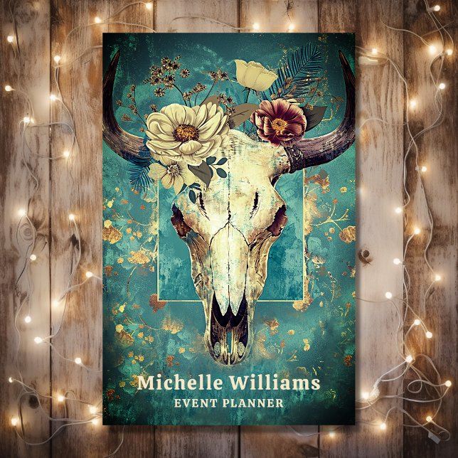 Rustic Cow Skull Blommigt Boho Western Visitkort (Front - Rustic Cow Skull Floral Boho Western Business Card)
